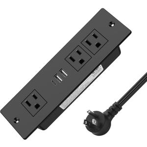 Recessed Power Strip, Furniture Plug in 3 Outlets & Fast Charging 20W PD USB-C Port & 18W/3A QC3.0 USB-A Ports Drawer Outlet with 10 FT Flat Extension Cord, Desk Grommet Outlet for Table Top Black