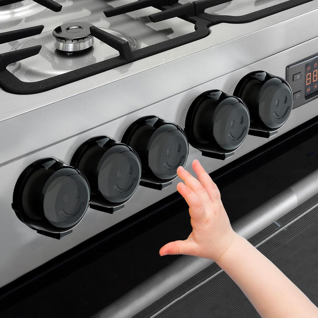 Stove Knob Covers for Child Safety - 5 Pack Babepai Upgraded Double-Key Design Universal Size Baby Safety Gas Oven Knob Covers Stove Guard Baby Proofing (Black)
