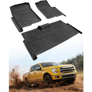 Car Floor Mats for Ford F150: 2010-2014 SuperCrew/Crew Cab BucketSeat, All Weather Rubber Truck Floor Liners for F-150 Accessories 2011 2012 2013, Custom Fit Front Rear Carpet for Pickup, 3PCS, Black