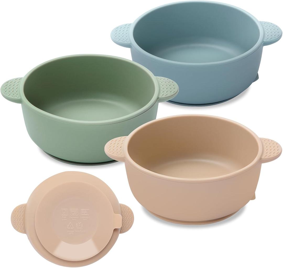 Baby Bowls with Suction, 3 Pack Baby Led Weaning Supplies, Soft Silicone Food Bowl for Babies Kids Toddlers, BPA Free, Microwave and Dishwasher Safe, Multicolor (Blue)