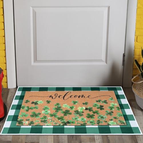 Shemilly 2pcs St. Patrick's Day Doormat Set Green Shamrock Welcome Floor Mats Non-Slip Entrance Green White Checkered Door Rugs for Indoor Outdoor Home Kitchen Living Room Bathroom