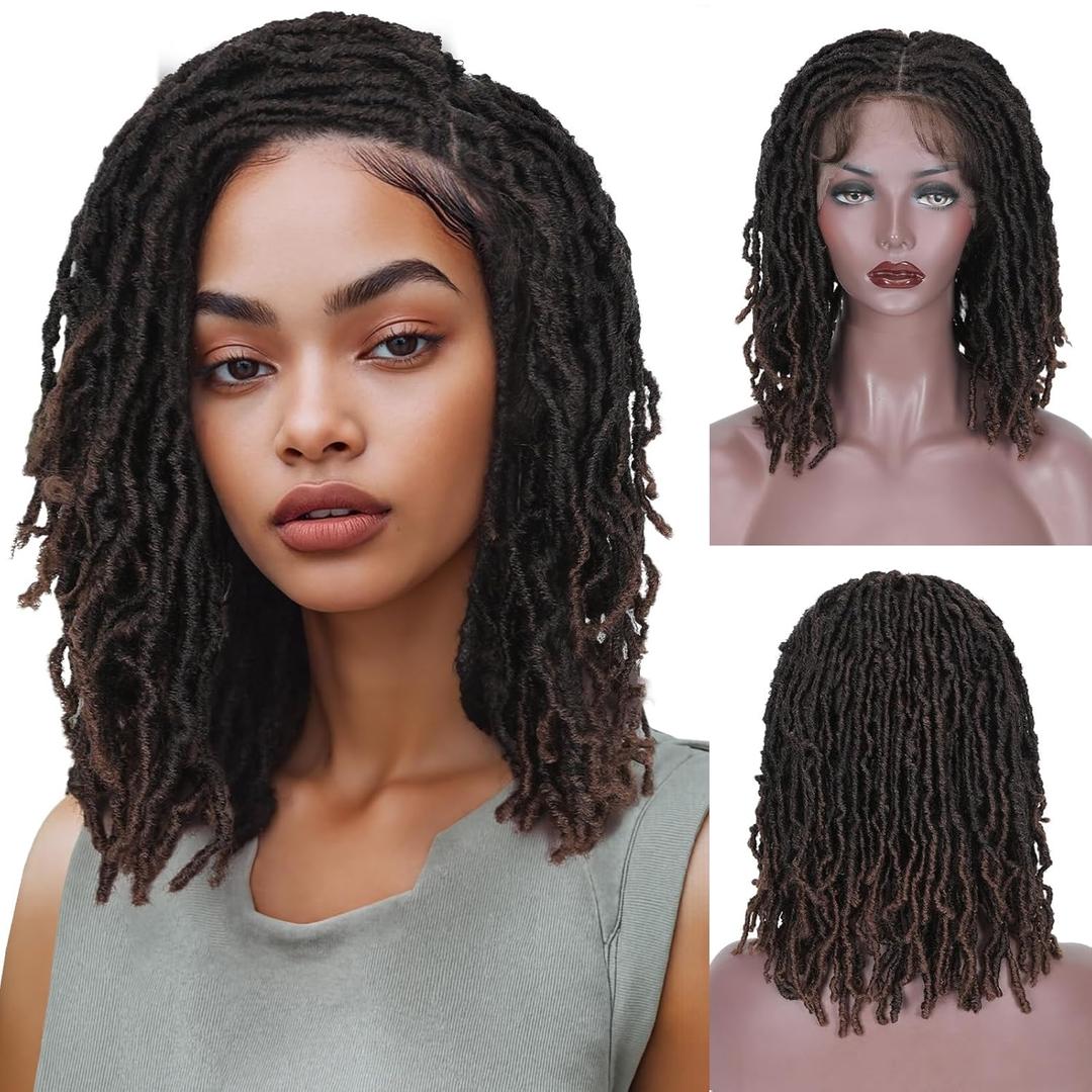 FAVE Full Lace Faux Locs Wig Short Braided Wigs for Black Women Ombre Brown Dreadlock Wigs for Daily Use 14IN Synthetic Loc Wigs for Women Twisted Wig