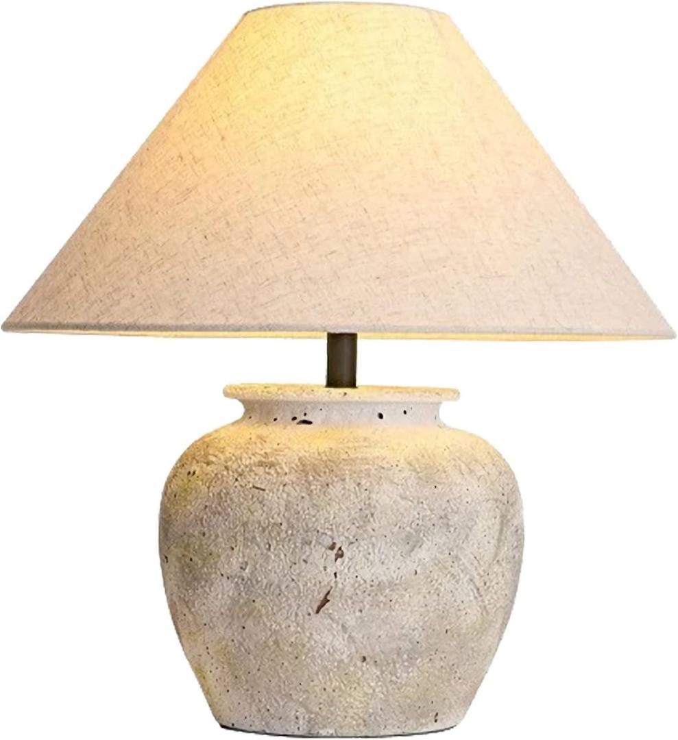 White Rustic Farmhouse Table Lamp - Terracotta Base with White Fabric Shade - 15.6 Inches - Warm White LED - 40W - 5000 Lumens