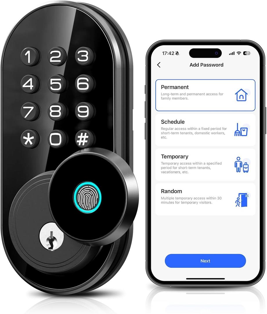 TEEHO TE342 Fingerprint Smart Keyless Entry Door Lock with Keypad, Bluetooth App Remote Control - Electronic Deadbolt for Front Door - Auto Lock - Matte Black