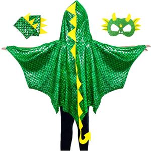 Dragon-Wings-Costume for Kids Toddler Boys Dress-Up Clothes, Dinosaur-Cape and Mask Gloves as Girls Dino Party Gift (Metallic Green)