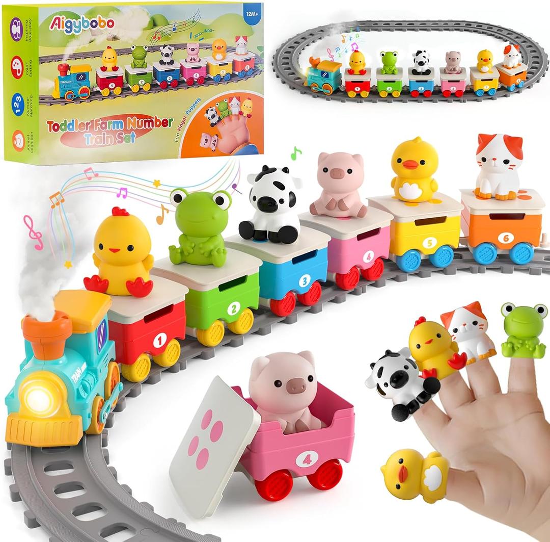 Toddler Toys for 1 2 3 Year Old, Electric Farm Animal Train Set with Music, Lights & Steam, Montessori Counting, Matching & Sorting Learning Toys, Christmas Birthday Gifts for Baby Boys Girls 12-18 M