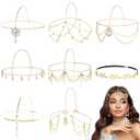 8 Pieces Gold Head Chains with Rhinestone Pearl Leaf Coin Festival Prom Wedding Bridal Jewelry Boho Headbands Tassel Forehead Chain Hair Bands Headwear Headpieces for Women Girls