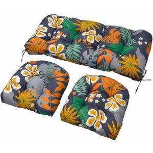 Wicker Chair Cushions Set, 2 U-Shaped Cushions & 1 Loveseat, Waterproof Outdoor Loveseat Cushion for Patio Furniture, Settee Bench Pad All Weather,Flower