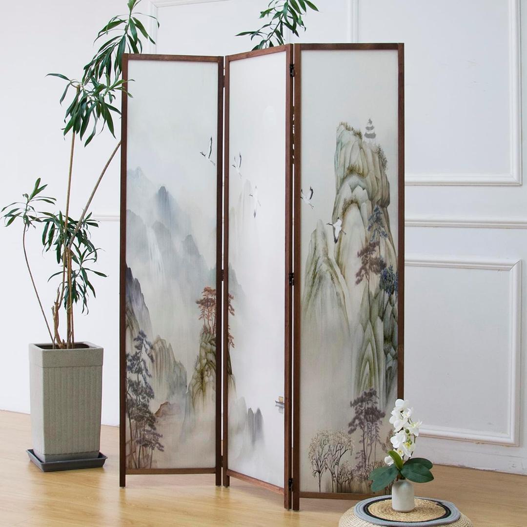 Furnnylane 3 Panel Room Divider Screen,Double Faced Room Divider Folding Wall Divider for Room Separation,Mountains and Waters Landscape,67" H x 47.2" W