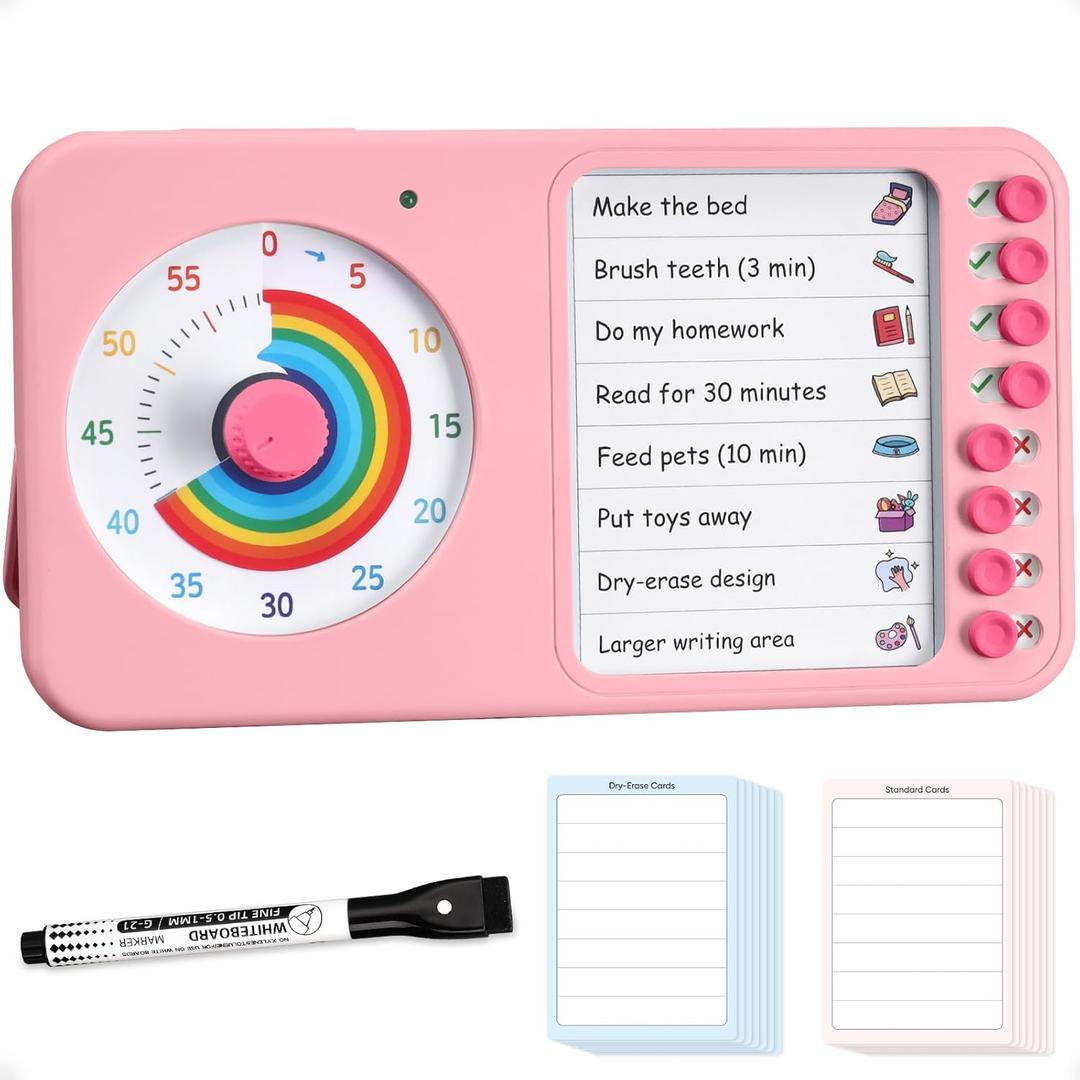2-in-1 Visual Timer with Task Board for ADHD & Autism, Dry Erase Chore Chart and Visual Schedule for Kids & Adults, Rainbow Countdown Timer for Classroom, Home, Homeschool (Pink)