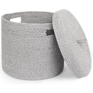Storage Basket with Lid, Woven Blanket Storage for Living Room, Soft Cotton Rope Bin with Lid, Round Wicker Laundry Basket with Cover, Lidded Kid Dog Toy Box, Nursery Organizer, 15"x13", Gray