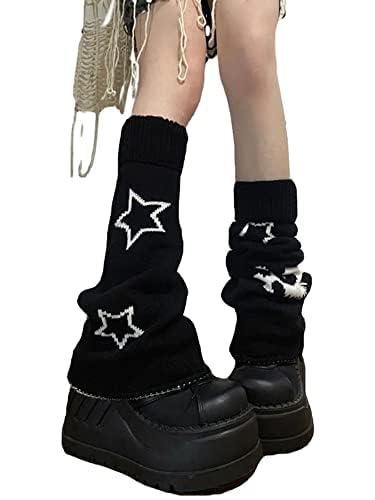 heyheyshine Y2k Star Skull Print Two Side Wear Knitted Leg Warmers Socks Punk Girls Japanese Kawaii Streetwear Leg Cover (Skull Star Flared, One Size)