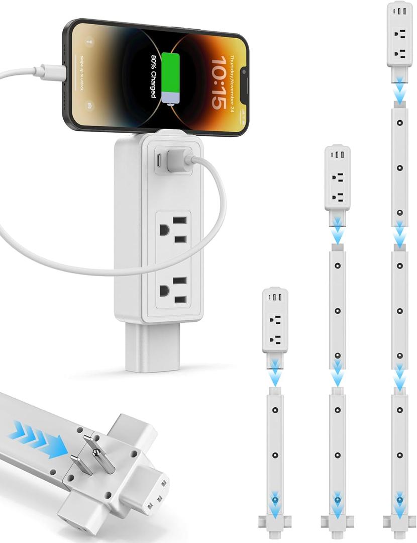 Electrical Outlet Extender Stick with 2 AC Outlets,USB-C & 2 USB-A Ports,Adjustable 17.7-36.1'',Can Extend in Four Directions,5-in-1 Plug Extender for Nightstand,Sofa etc.