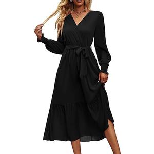 PRETTYGARDEN Women's Floral Print Boho Dress Long Sleeve Wrap V Neck Ruffle Belted A-Line Flowy Maxi Dresses, Size S