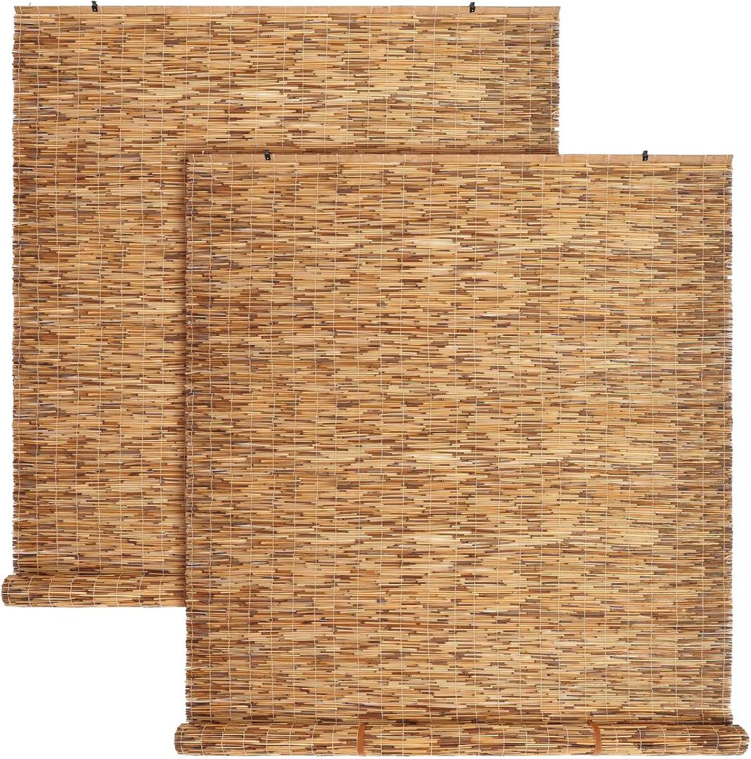 DoubleFill 2 Pcs Bamboo Shades Outdoor Reed Roll Up Blinds 48 W x 72 H Blackout Sunshade Cordless Bamboo Blinds for Home Porch, Patio & Windows Decor Shutters Sunlight Privacy Screen(Carbon Brown)