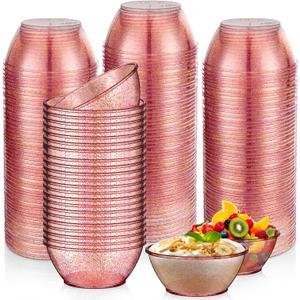 Yungyan 200 Pack Disposable Clear Plastic Bowls for Party 6oz Hard Plastic Salsa Dessert Ice Cream Candy Fruit Small Glitter Bowls for Wedding Baby Shower Birthday Graduation Party(Rose Gold)