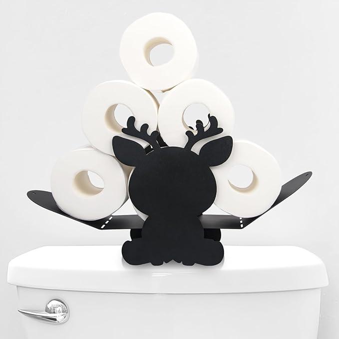 Reindeer Toilet Paper Holder – Funny Christmas Bathroom Decor, Holiday Black Metal Freestanding Storage for 5+ Rolls, Novelty Gag Gift & Toilet Tank Topper