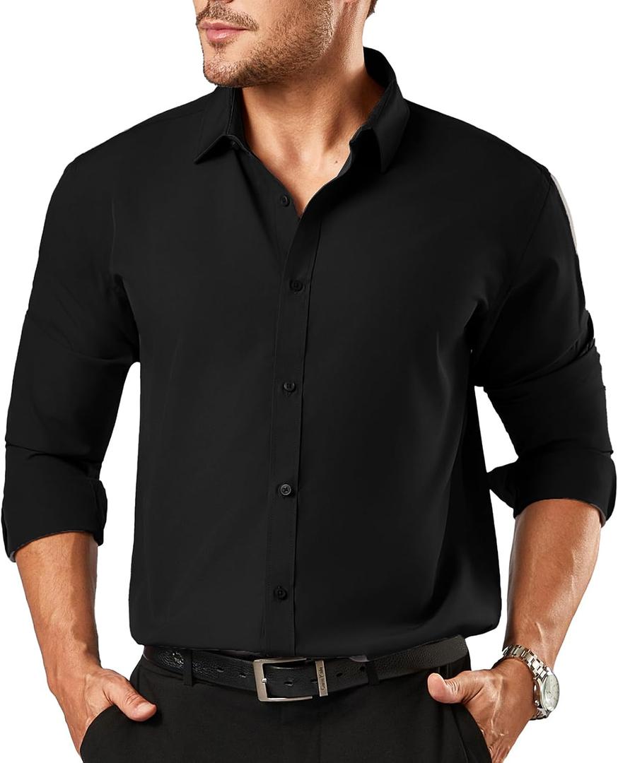 Dress Shirts for Men Big and Tall Button Down Long Sleeve Tuxedo Business Casual Collared Shirt (Black, 3XL)