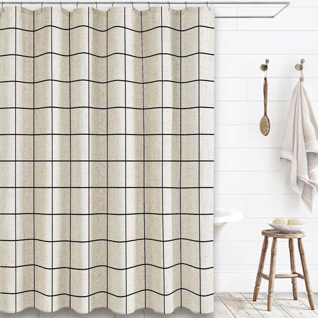 WOUVMA Farmhouse Plaid Shower Curtain Beige Linen Shower Curtains for Bathroom Natural Black Pattern 72 x 72 Inch