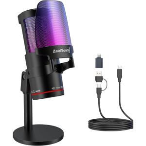 ZealSound Gaming USB Microphone, Noise Cancellation Condenser mic with RGB Light, Touch Mute, Gain, Monitoring for Streaming, Podcast, Twitch, YouTube, Discord, iPhone, iPad, Computer, PS4, PS5, Mac