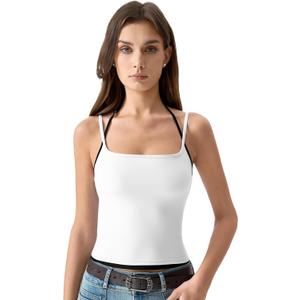 QINSEN Color Block Camisole for Women Sleeveless Halter Neck Adjustable Straps Double Lined Tank Top (White, M)