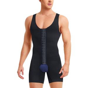 Men Shapewear Tummy Control Bodysuit Waist Trainer Full Body Shaper Fajas Compression Shirts Shorts Slim Belly (Medium-Large, Black With Hooks)