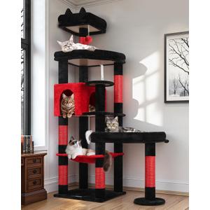 Globlazer Extra Large Platform Gothic Cat Tree, 65in Tall Sturdy Goth Cat Tower for Multiple Indoor Cats, Big Cat Tree for Large Cat with 3 Enlarged Perches, 6 Scratching Posts, Condo, S65, Red Black