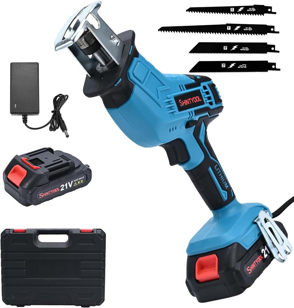 21v Cordless Reciprocating Saw, 2.0 Ah Battery Operated Reciprocating Saw With Charger, Hog Ring Anvil And 4 Pcs Blades For Wood Pvc Pipe Tree Cutting By SHINTYOOL