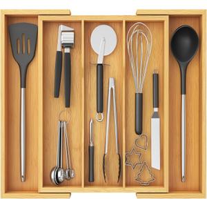 Lifewit Utensil Organizer for Kitchen Drawer, Expandable Cooking Utensil Tray, Bamboo Cutlery Silverware Flatware Holder, Adjustable Spatula Tools and Gadgets Storage Divider, Large, Natural (12.6~22.4''W x 15'' D)