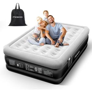 MoKo Air Mattress Queen with Built in Pump, 18'' Luxury Inflatable Mattress, 3 Min Fast Blow up Mattress, Comfort Top - Velvety Air Bed for Home, Camping, Travel, Guests, Black/Gray (18" Queen)