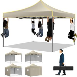 COBIZI 10x10 Heavy Duty Pop up Canopy with 4 Removable Sidewalls, Canopy Tent with Portable Bag, Pop up Tent Commercial Gazebo Waterproof Sunshade for All Weather Party Camp Stall Patio,Khaki