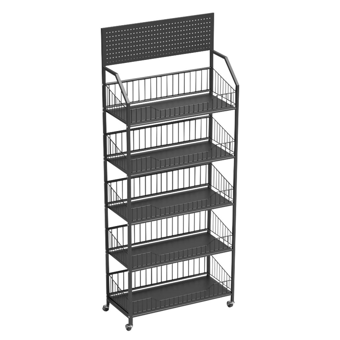 5 Tier Supermaket Snack Rack Heavy Duty, Rolling Retail Display Stand with 15 Hooks & Soild Panel Shelves, Multifunctional Metal Snack Shelf for Store Business
