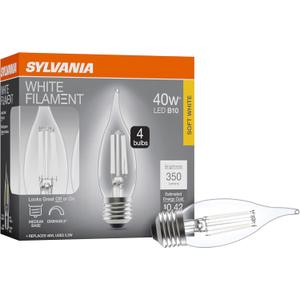 Sylvania B10 Clear LED White Filament Bulb, 3.5W, Dimmable, 350 LMS, Medium Base, 2700K, Soft White - 4 Pack (42258)