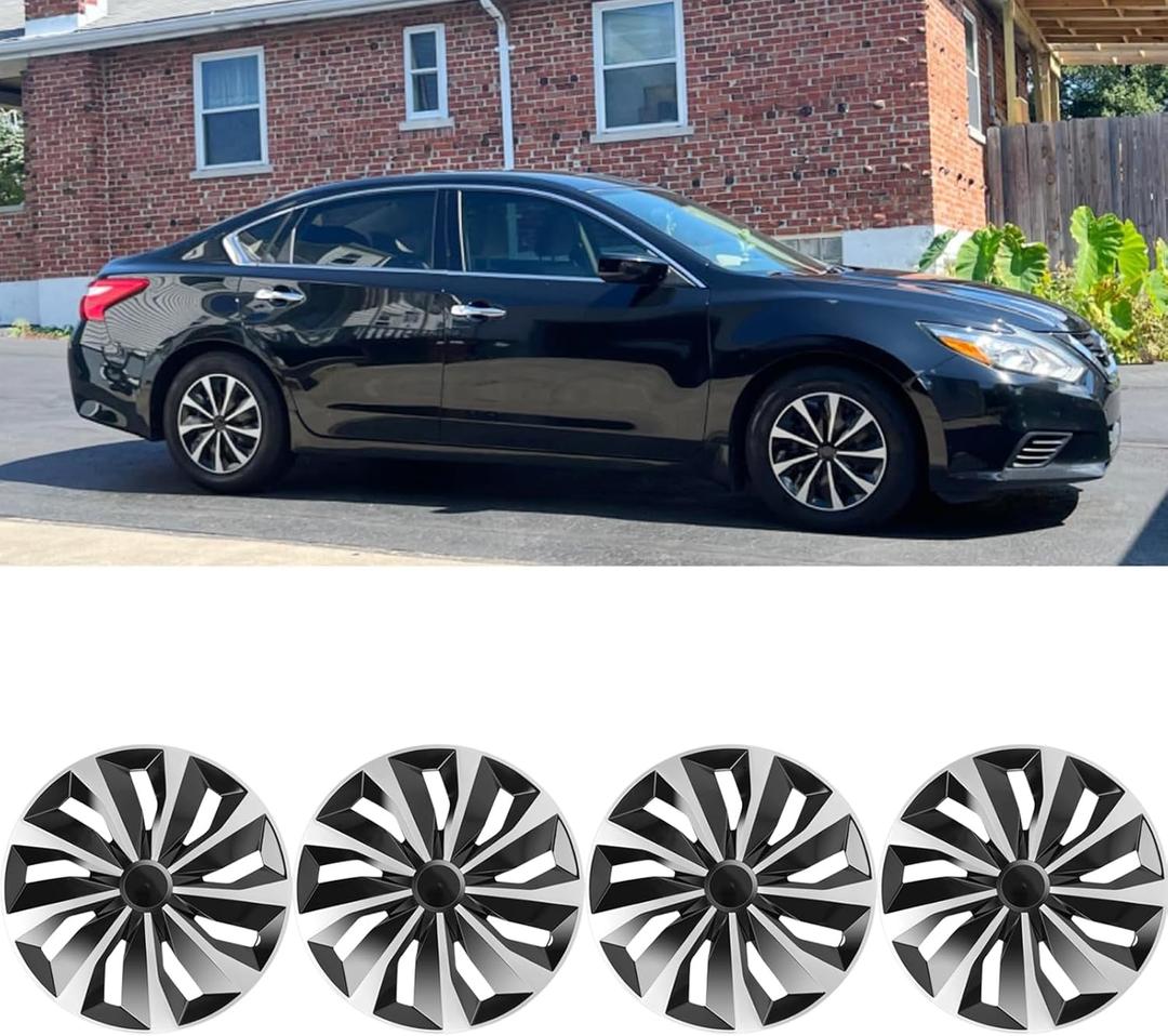 Hub Caps 15Inch Set of 4,PP Plastic Silver & Black Universal Hubcap,Wheel Covers for Cars,Exterior Accessories,Fits Most Cars,Ford Toyota VW Chevy Nissan Honda Mazda Dodge
