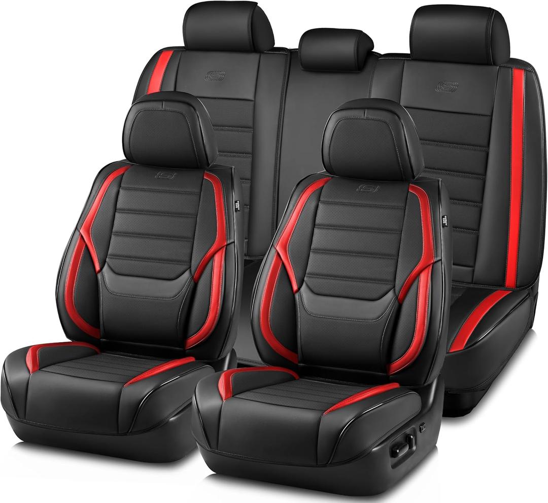 Skechers Seat Covers,Memory Foam Leather Car Seat Covers,Waterproof Car Seat Protector Full Sets,Car Seat Cushion Airbag Automotive Universal Fit for Most Cars,Vans,Trucks,SUV,Red (Black and Red)