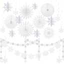 21 Pcs Winter Hanging Snowflake Decorations Pre-Strung Snowflake Garland Paper Banner Swirls Paper Fans for Wonderland Party Christmas Birthday Decor(White)