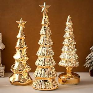 Funnymoom 3 Pack Glass Christmas Trees Lighted Christmas Tree Tabletop Glitter Christmas Centerpieces Decoration Glass Xmas Tree Holiday Figurines Ornament for Tables Mantle Holiday Fireplace(Gold)