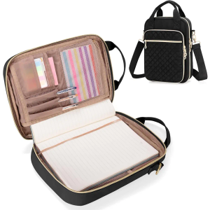 Teamoy Journal Supplies Storage Case, Journal Supplies Holder with Pen Slots, Travel Organizer Holder for B5 Notebooks, Planner, Pens, Journal Supplies and Accessories, Black Quilted