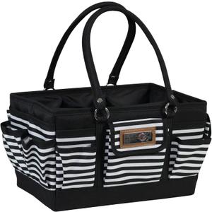 Everything Mary Deluxe Store & Tote Organizer  Black & White Stripe Craft Tote with Handle  Sewing, Scrapbooking & Art Supply Caddy for Creative Project Storage (Large)