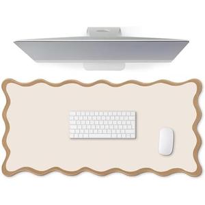 Hahafelt Scalloped Desk Mat Large Desk Pad Cute Coquette Table Mat Back to School Preppy Table Make up Pad Nonslip Graduation Gift with Stitching Waterproof Gaming(Beige,23.6 x 13.8 Inches)
