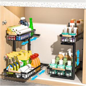 2 Pack L-Shaped Under Sink Organizer,2 Tier Slide Out Sink Shelf Cabinet Storage Shelves, Under Sink Storage for Kitchen Bathroom Cabinet, Pull Out Cabinet Organizer,Black