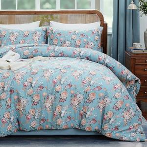 Merryword Blue Rose Floral Comforter Set King Size 100% Soft Cotton Comforter Set 3 Pieces Lightweight & Breathable All Season Cottagecore Bedding