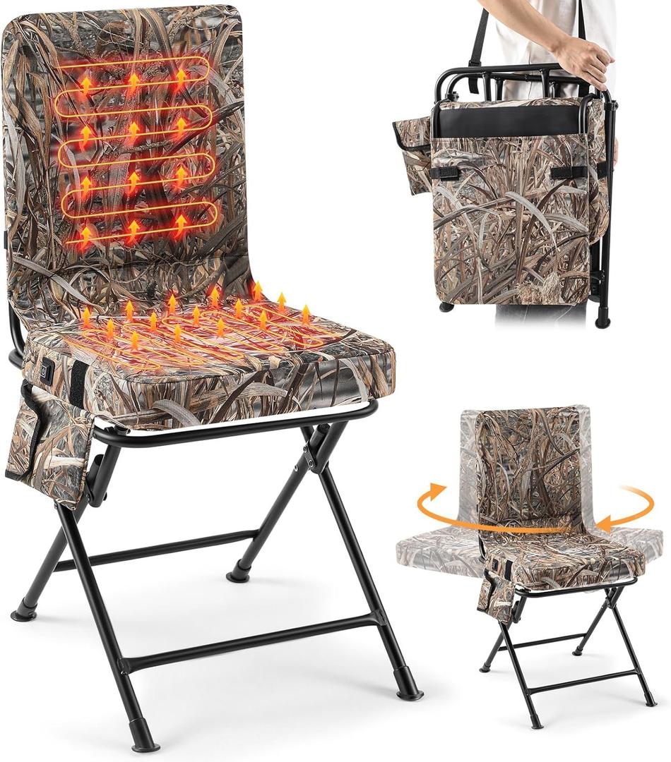 Heated Hunting Blind Chair, 360 Swivel Foldable Padded Hunting Seat, Portable Duck Turkey Deer Chair with Strap for Outdoor Camping Fishing, Supports 330 lbs, Power Bank Not Included