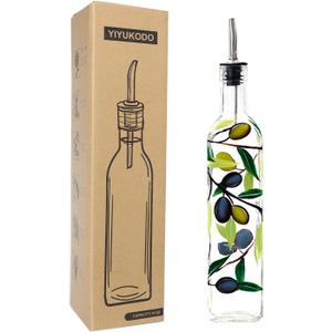 17oz Hand Painted Glass Olive Oil Bottle Dispenser- 500ml Green Oil & Vinegar Cruet with Pourers - Olive Oil Carafe Decanter for Kitchen (olive1)