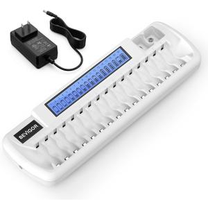 BEVIGOR 18 Bay Battery Charger for AA AAA 9V NiMH NiCD Rechargeable Batteries, Independent Charging, LCD Display, AC Adapter, Type-C USB, Batteries Not Included - White