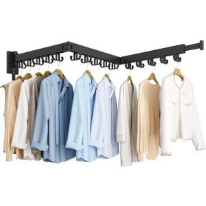 Clothes Drying Rack, Wall Mounted Laundry Drying Rack, Upgrade 3-Fold Foldable Collapsible Retractable Clothing Drying Rack with 12 Dual Hooks Organization for Laundry Room Indoor- Black