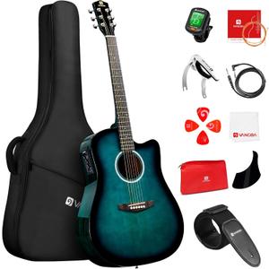Vangoa Acoustic Electric Guitar Bundle for Beginner Teen Adult Full Size Cutaway Acoustic Guitar Starter Kit Set with Built-in Pickups Bag Tuner Strap Capo Picks Cable, Glossy Green