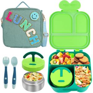 Lunch Box with Bento Box, with Leak Proof Thermo Food Jar, Preppy Corduroy Insulated Lunch Bag for Boys Girl Kids Teens School Travel Picnic (Green)