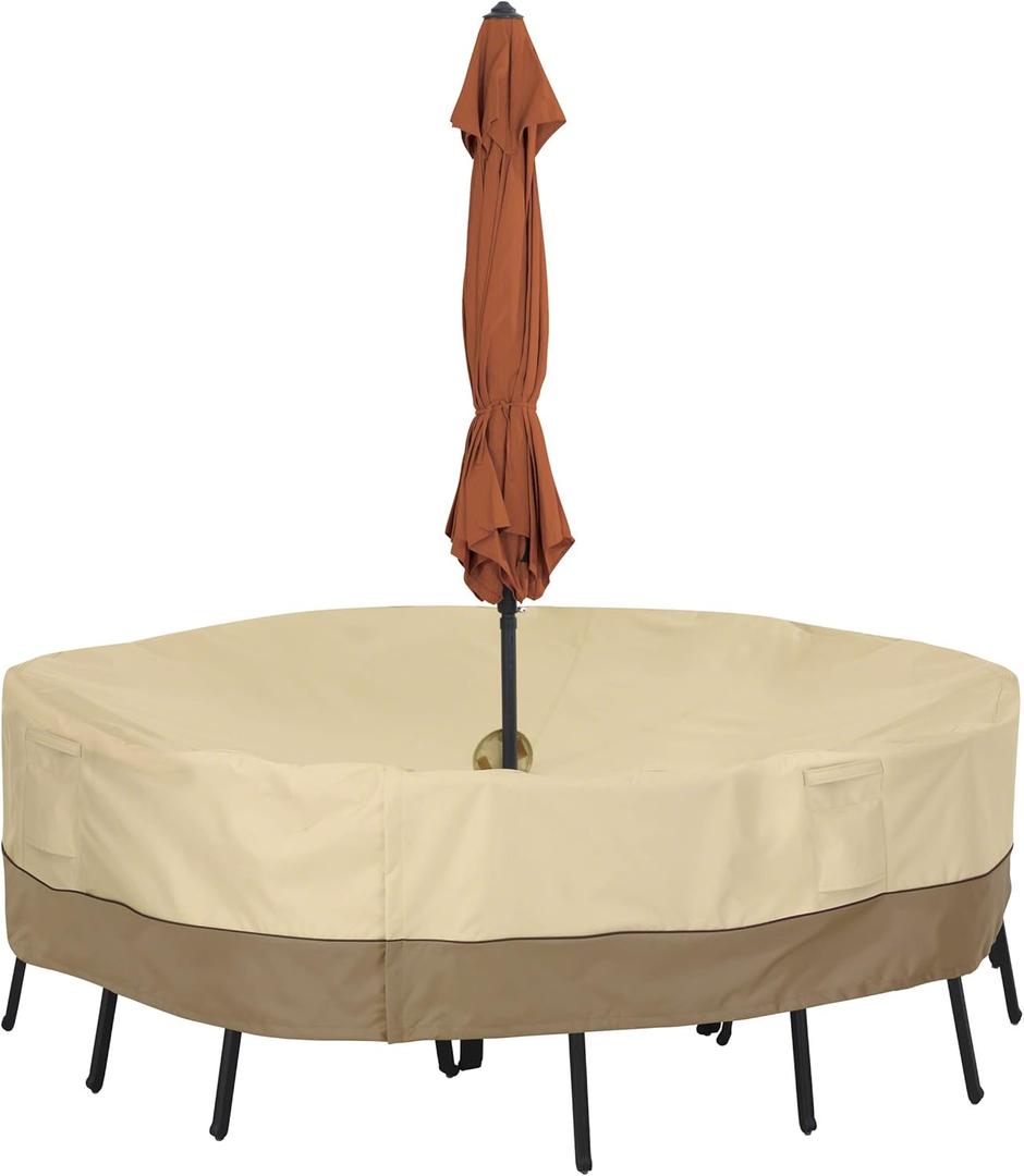 Classic Accessories Veranda Water-Resistant 94 Inch Round Patio Table & Chair Set Cover with Umbrella Hole, Outdoor Table Cover (94"DIA x 23"H)