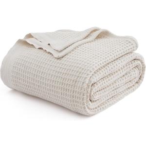 Bedsure 100% Cotton Blanket King Size for Bed - Breathable and Soft, Waffle Weave Blanket for Summer Spring, Light Beige, 104x90 inches (King (104" x 90"), 00 - Light Beige)